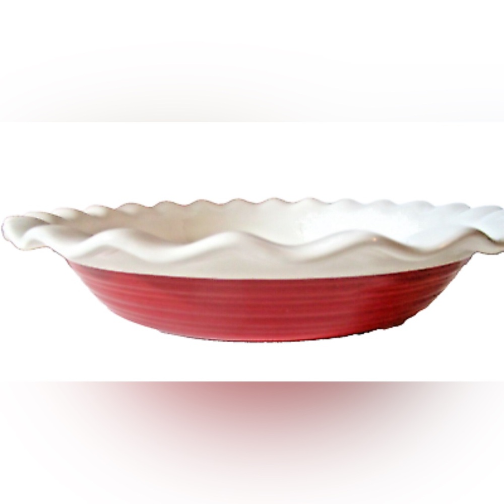 corningware, 9.5" ETCH Stoneware PIE PLATE Red White Limited Ruffled Edge…